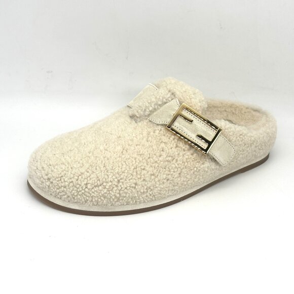 FENDI Feel FF Shearling  Buckled Sabots Mules Slides Flat Clog Sandals - Picture 7 of 16